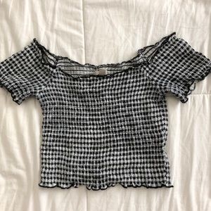 Black and white gingham off the shoulder crop top